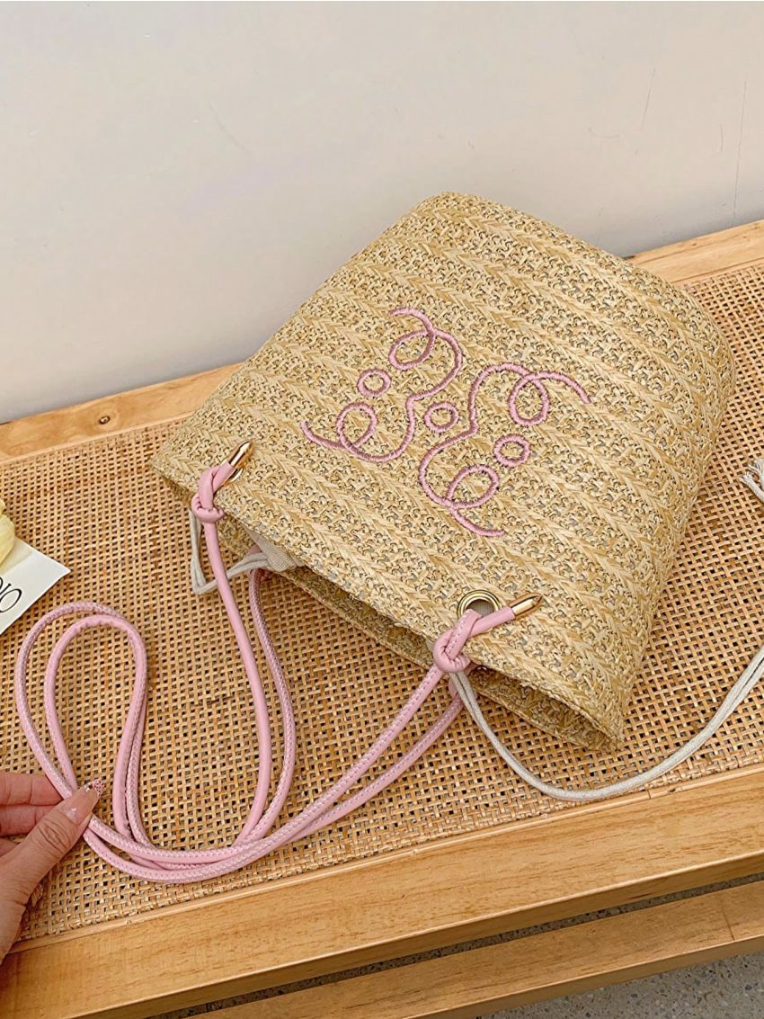 Medium Straw Bag Embroidered Detail Drawstring Design Vacation