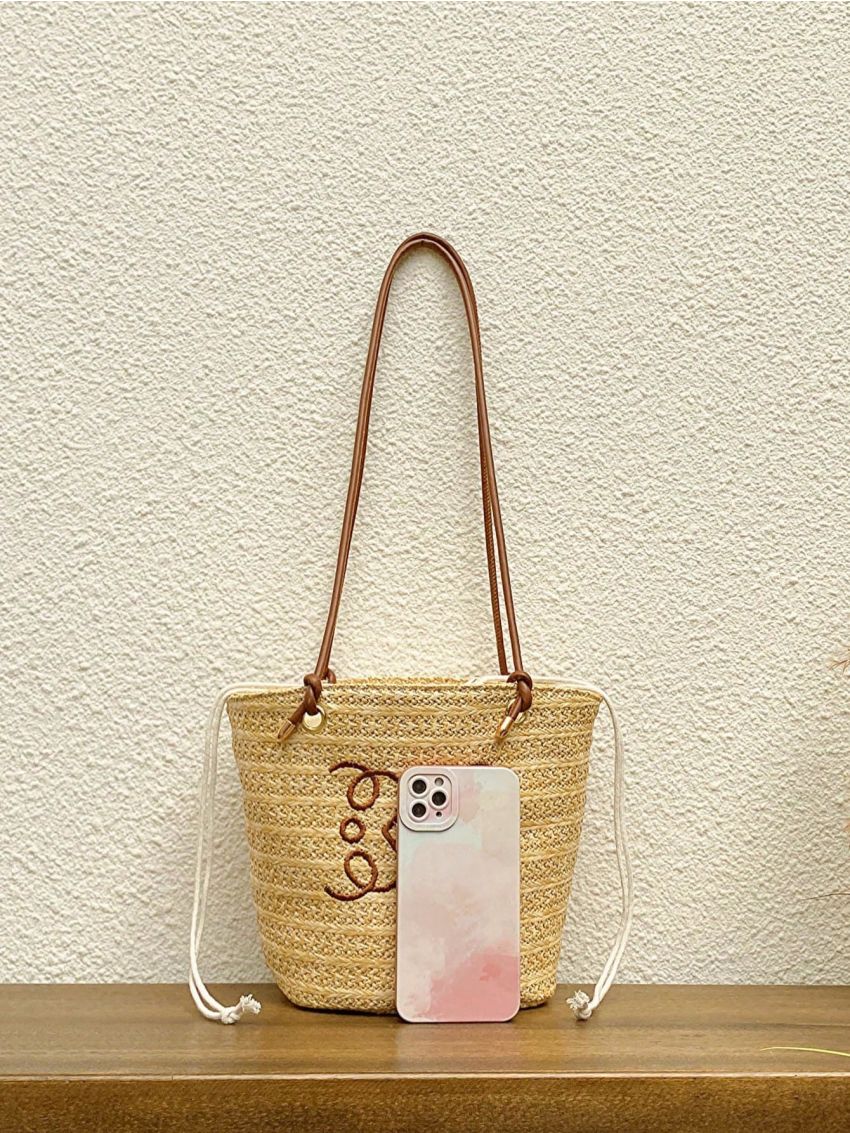 Medium Straw Bag Embroidered Detail Drawstring Design Vacation