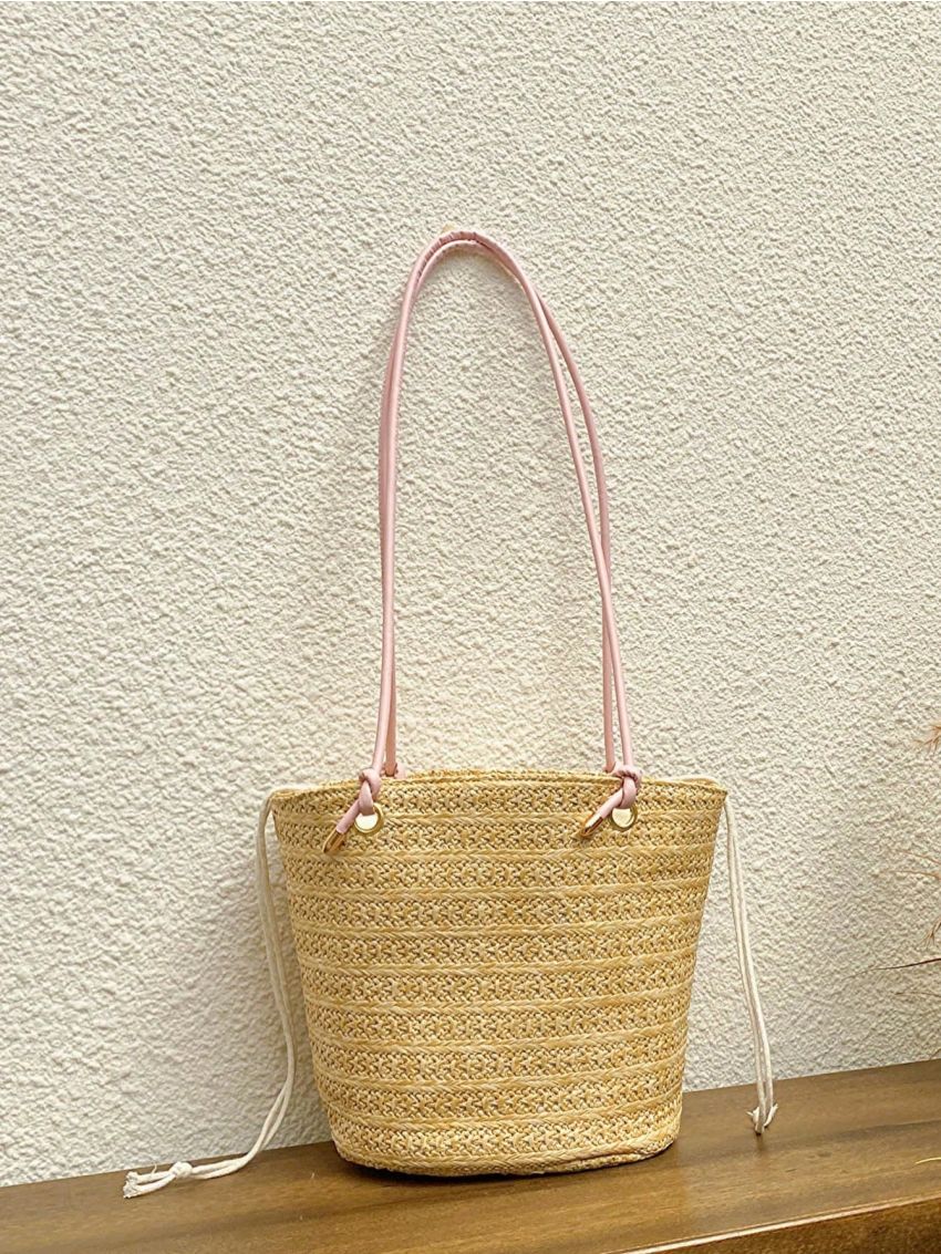Medium Straw Bag Embroidered Detail Drawstring Design Vacation