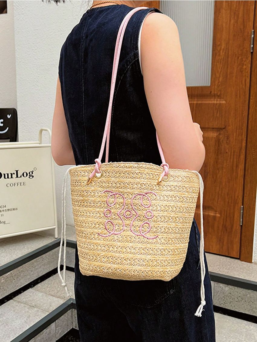 Medium Straw Bag Embroidered Detail Drawstring Design Vacation