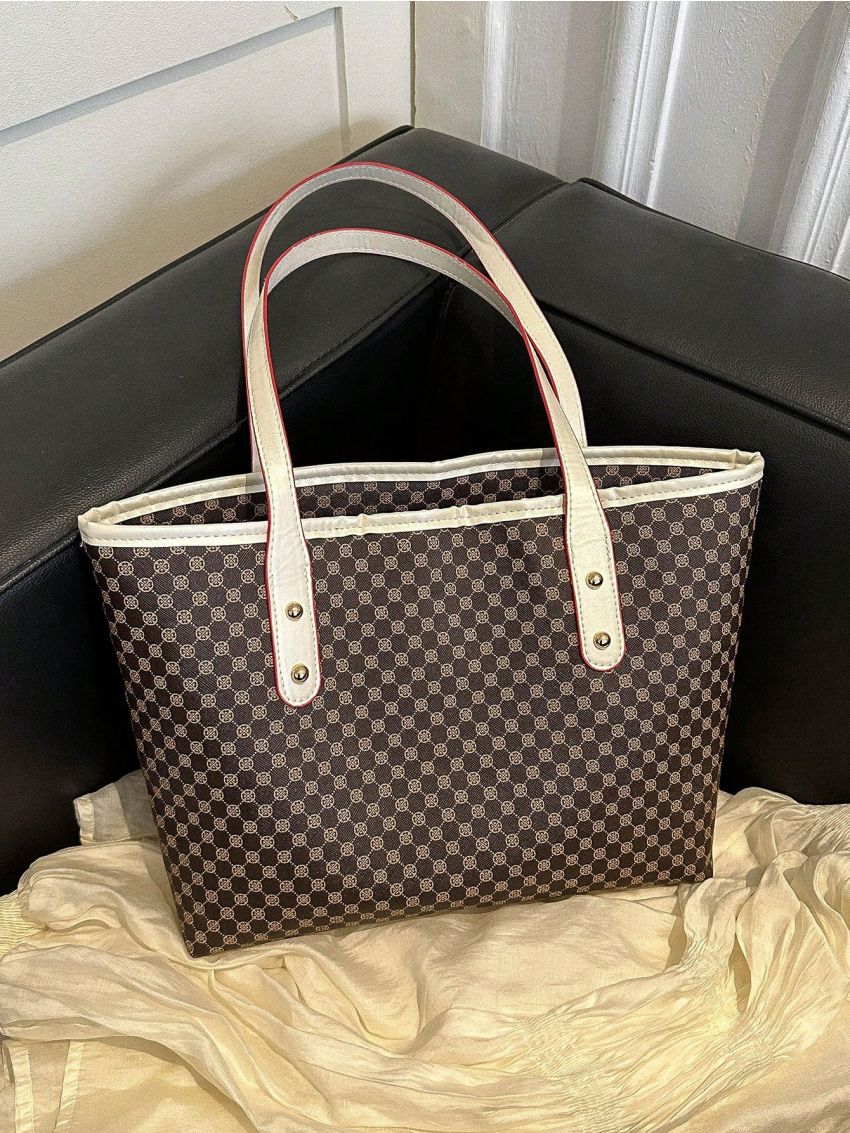 Geometric Pattern Shoulder Tote Bag Contrast Binding