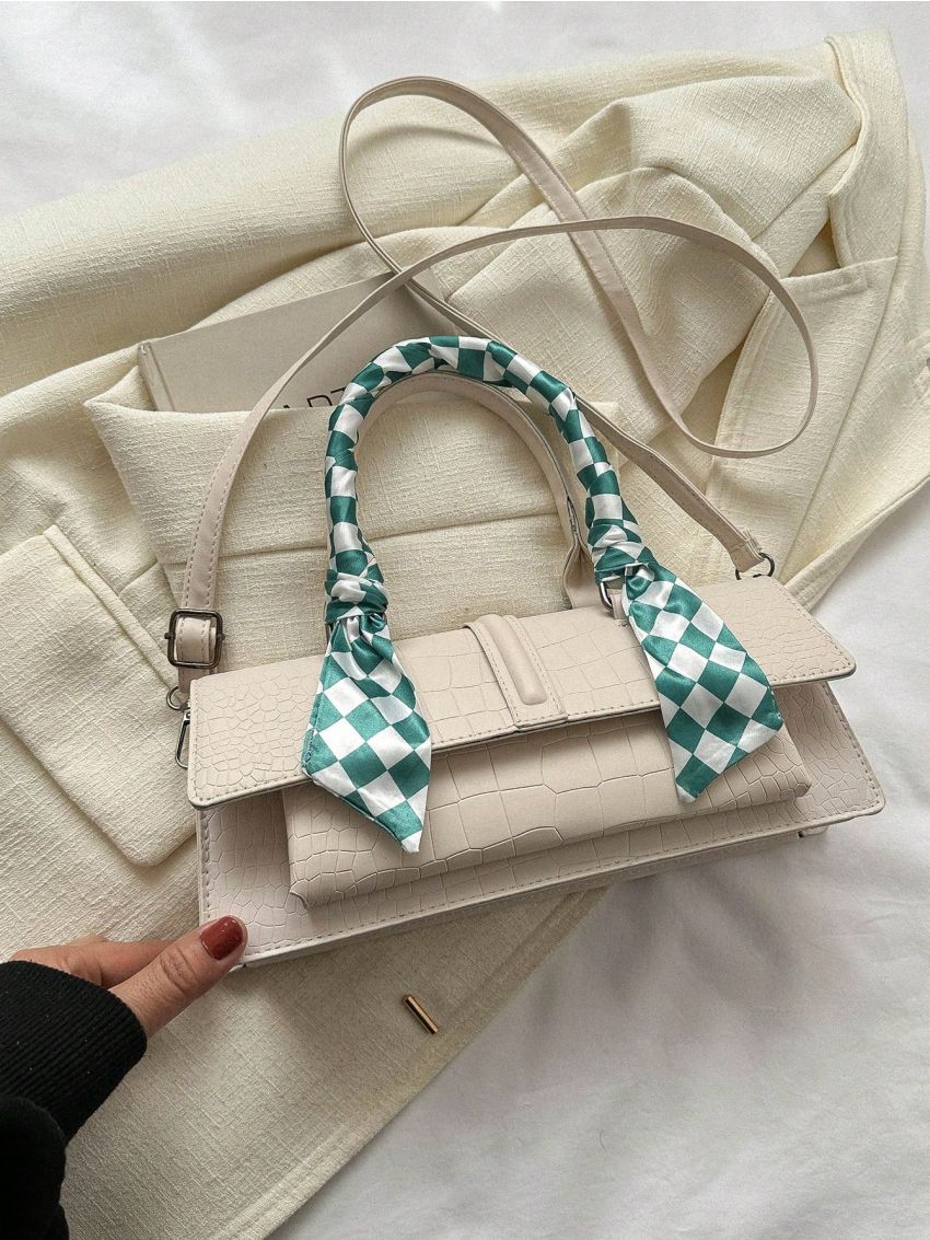 Crocodile Embossed Flap Square Bag Twilly Scarf Decor