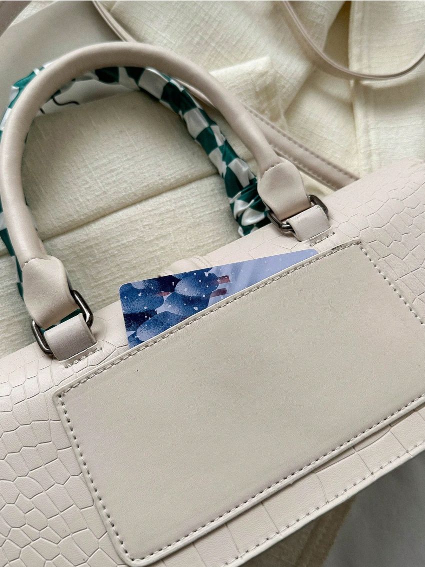 Crocodile Embossed Flap Square Bag Twilly Scarf Decor