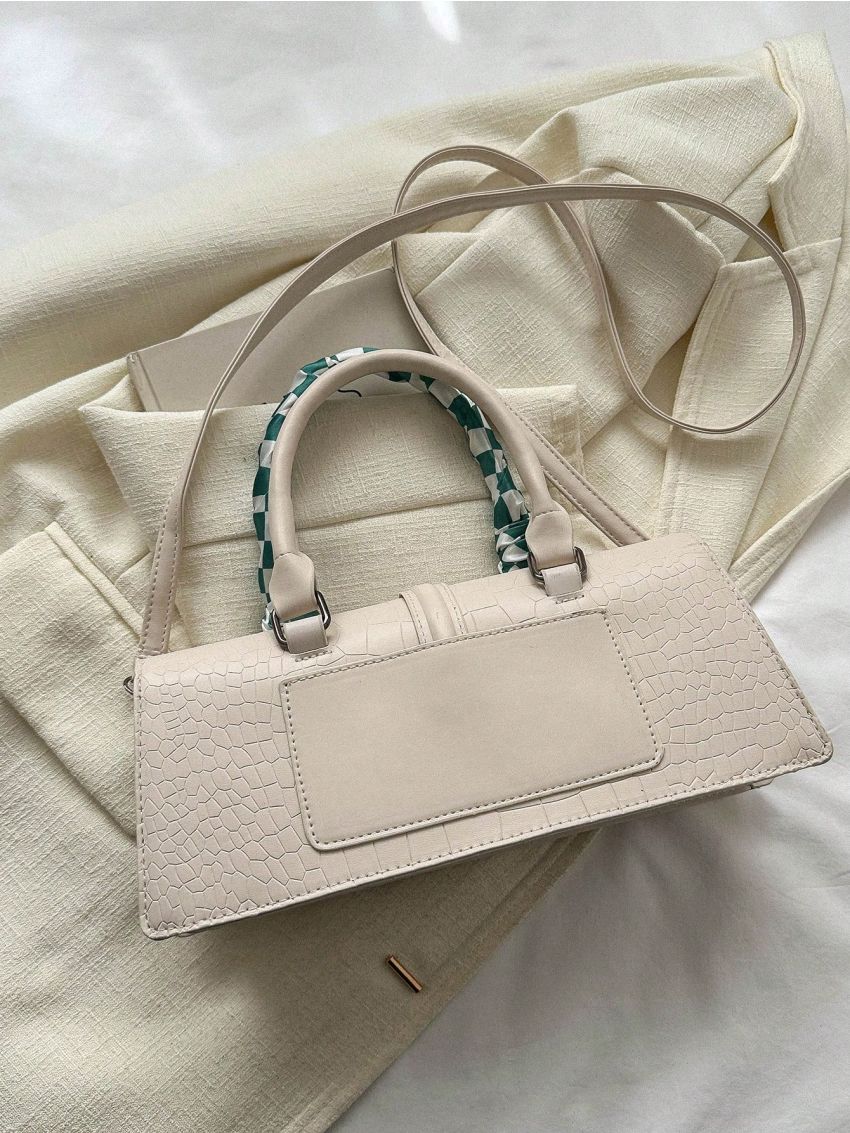 Crocodile Embossed Flap Square Bag Twilly Scarf Decor