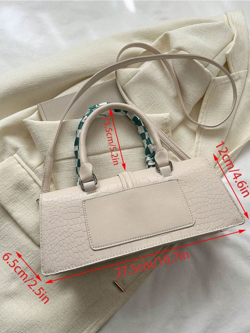 Crocodile Embossed Flap Square Bag Twilly Scarf Decor