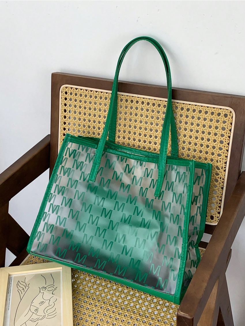 Letter Graphic Beach Bag Green PVC Double Handle With Inner Pouch For Vacation