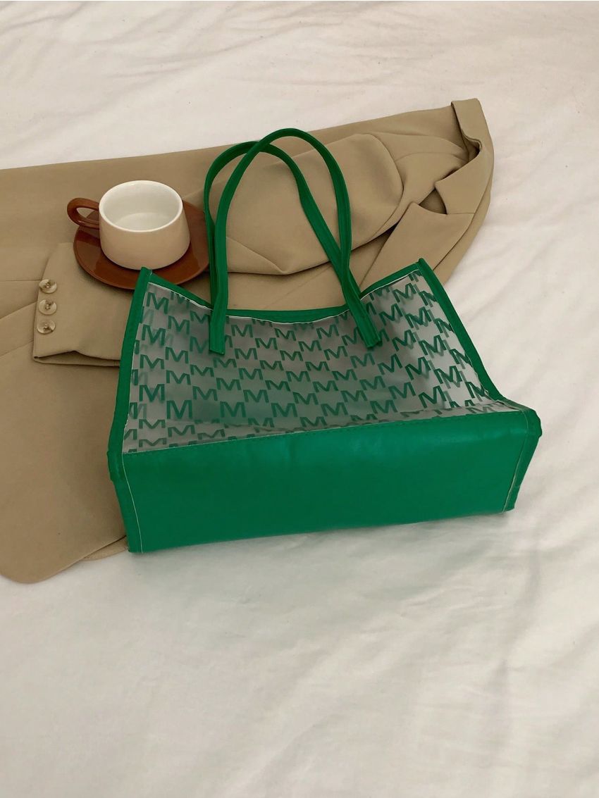 Letter Graphic Beach Bag Green PVC Double Handle With Inner Pouch For Vacation