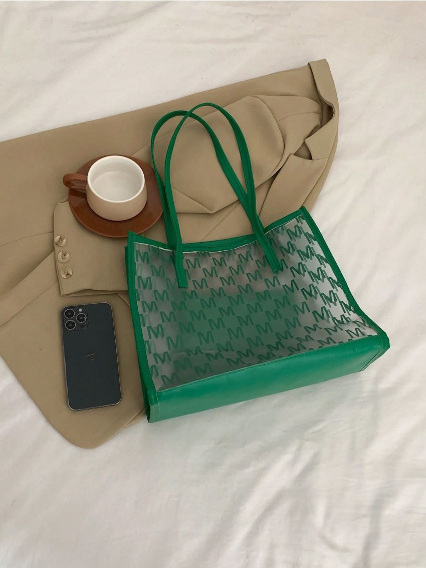 Letter Graphic Beach Bag Green PVC Double Handle With Inner Pouch For Vacation