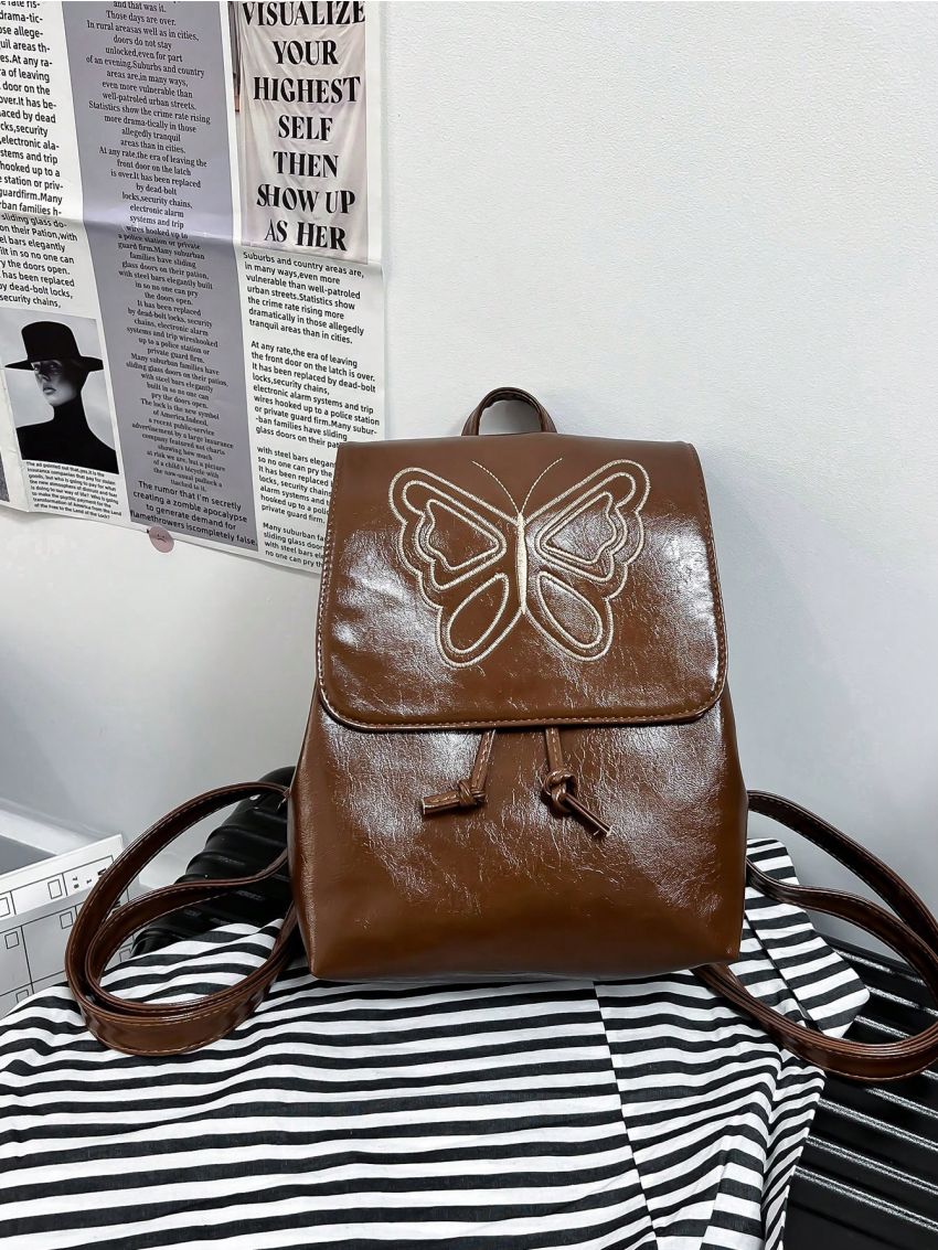 Butterfly Embroidered Drawstring Flap Backpack Brown Small