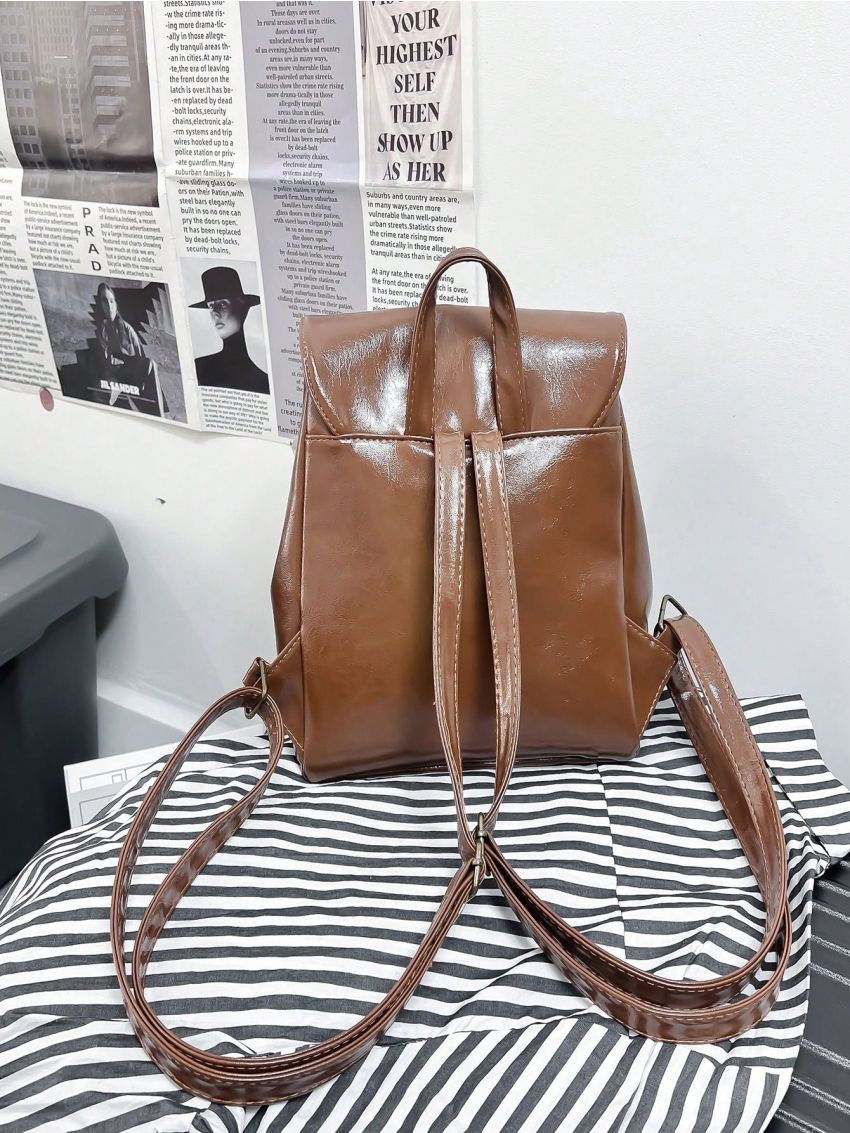 Butterfly Embroidered Drawstring Flap Backpack Brown Small