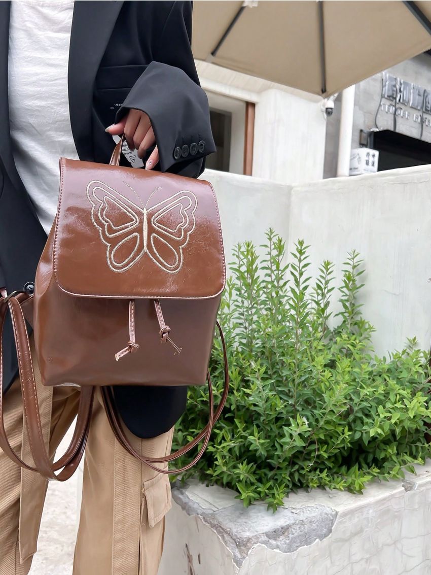 Butterfly Embroidered Drawstring Flap Backpack Brown Small