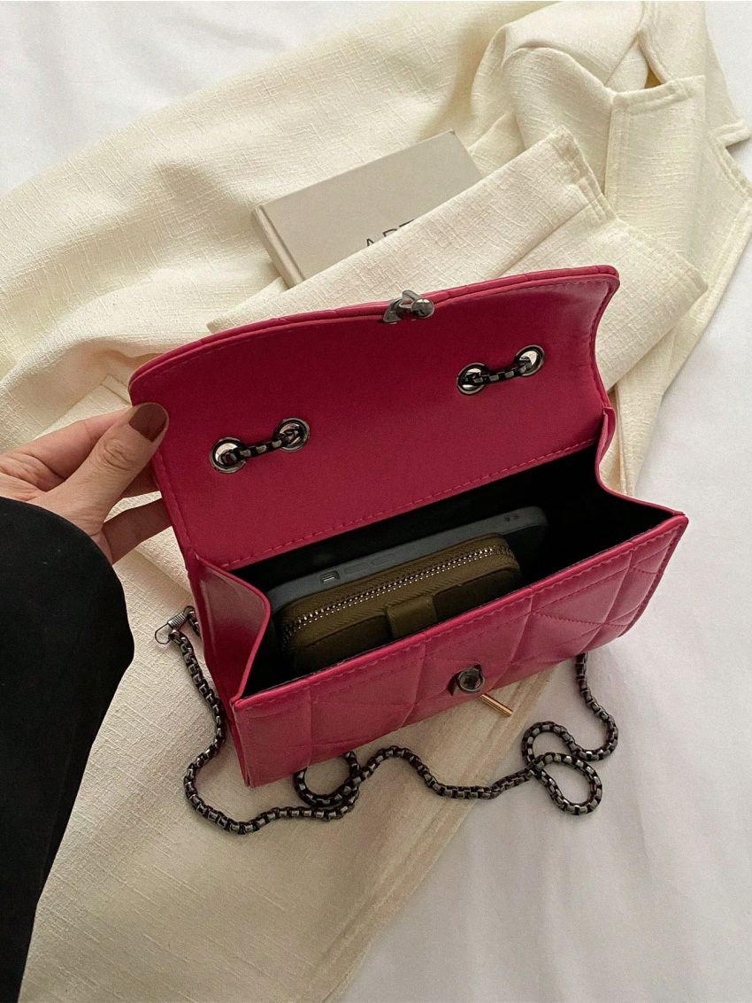 Neon Pink Quilted Flap Chain Square Bag Funky