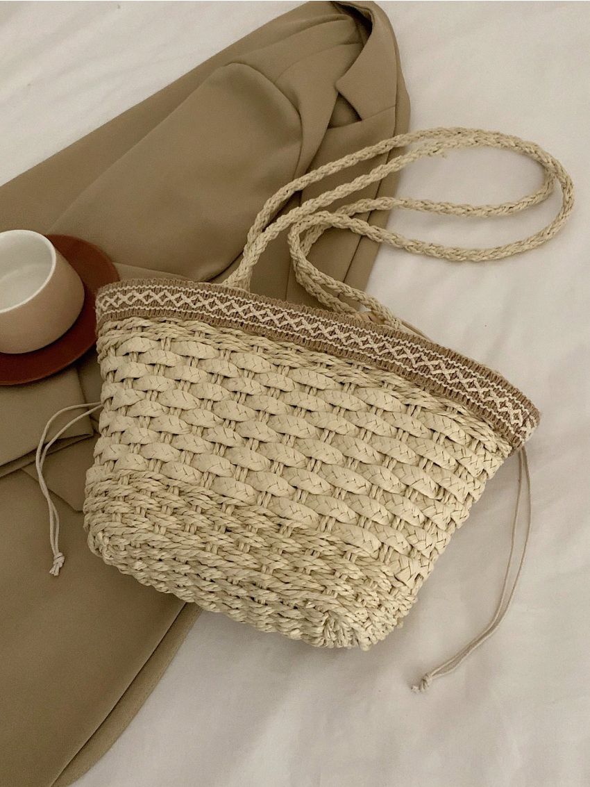 Minimalist Drawstring Straw Bag Geometric Pattern Vacation