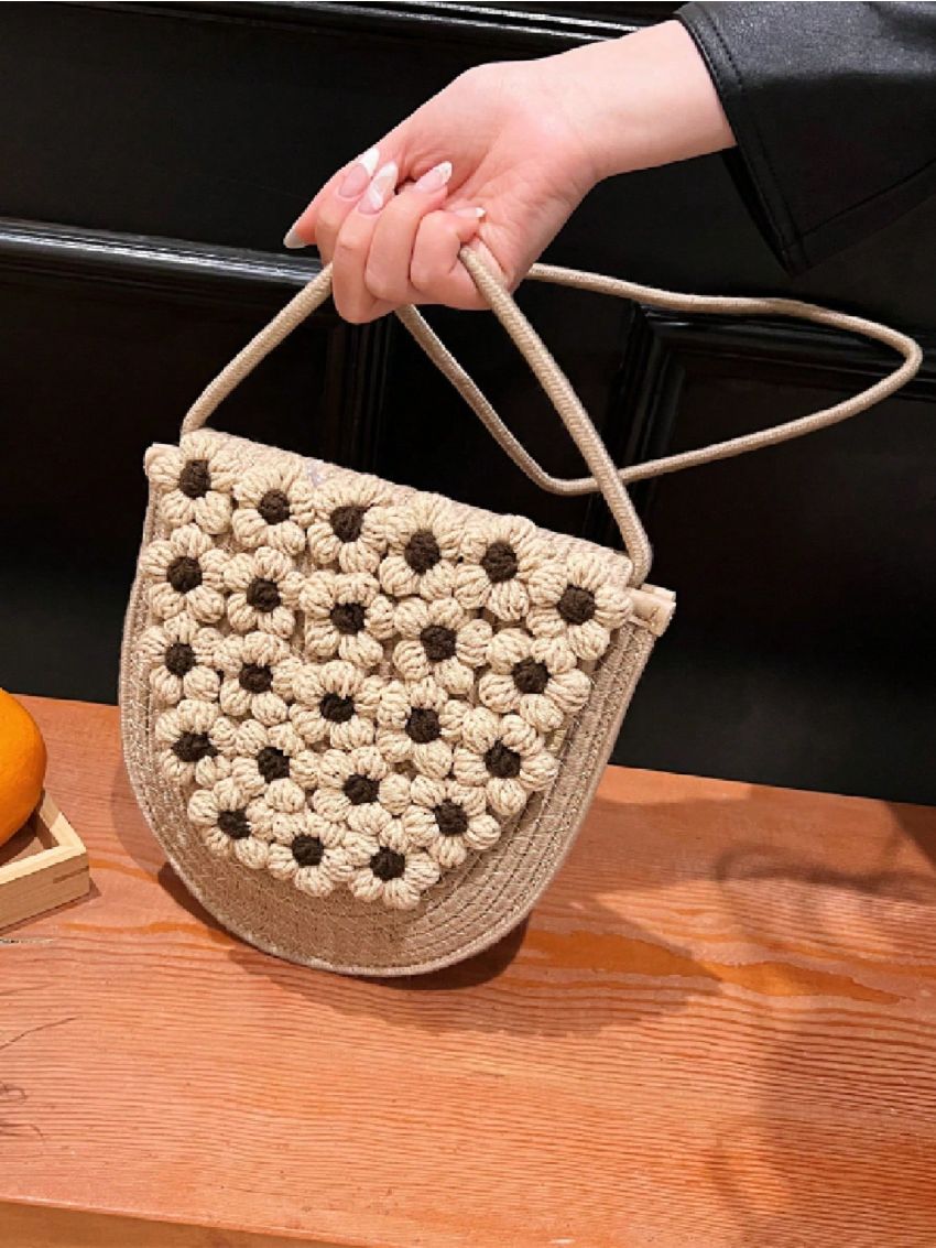 Mini Flower Decor Flap Straw Bag Vacation