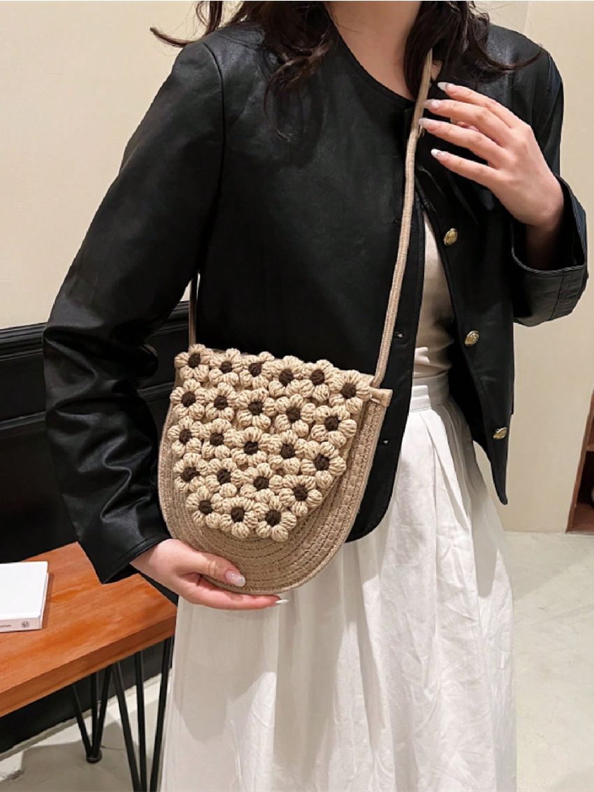 Mini Flower Decor Flap Straw Bag Vacation