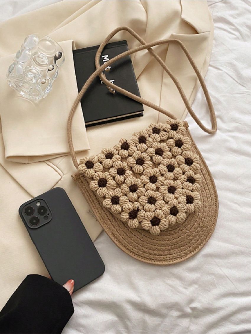 Mini Flower Decor Flap Straw Bag Vacation