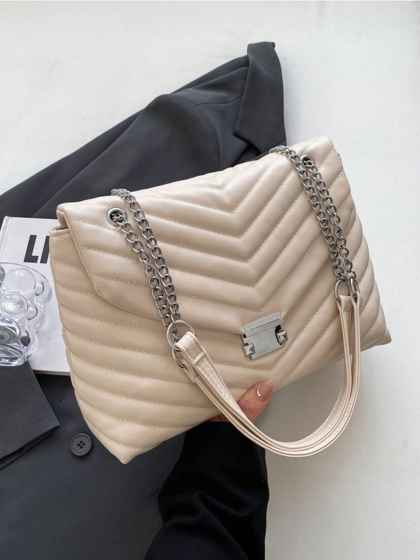 Chevron Detail Flap Chain Square Bag Beige Fashionable
