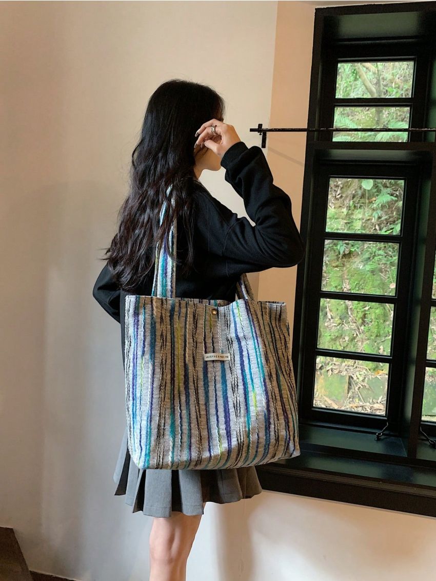 Striped Pattern Letter Patch Decor Shoulder Tote Bag Nylon