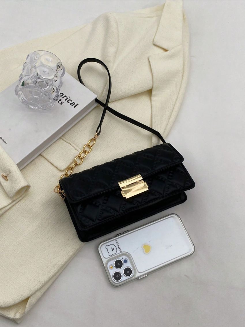 Geometric Embossed Metal Decor Flap Square Bag Black