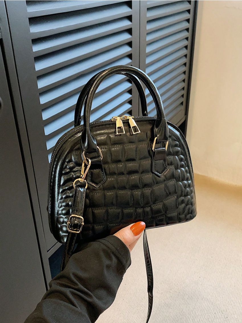 Crocodile Embossed Dome Bag Small Zipper Black