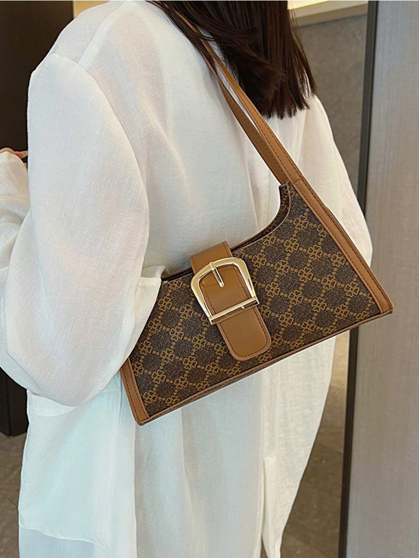 Geometric Pattern Buckle Decor Baguette Bag Medium