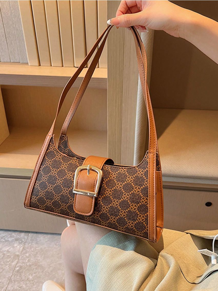 Geometric Pattern Buckle Decor Baguette Bag Medium