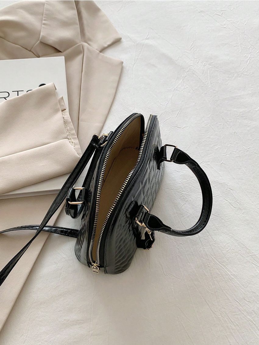 Crocodile Embossed Dome Bag Small Zipper Black