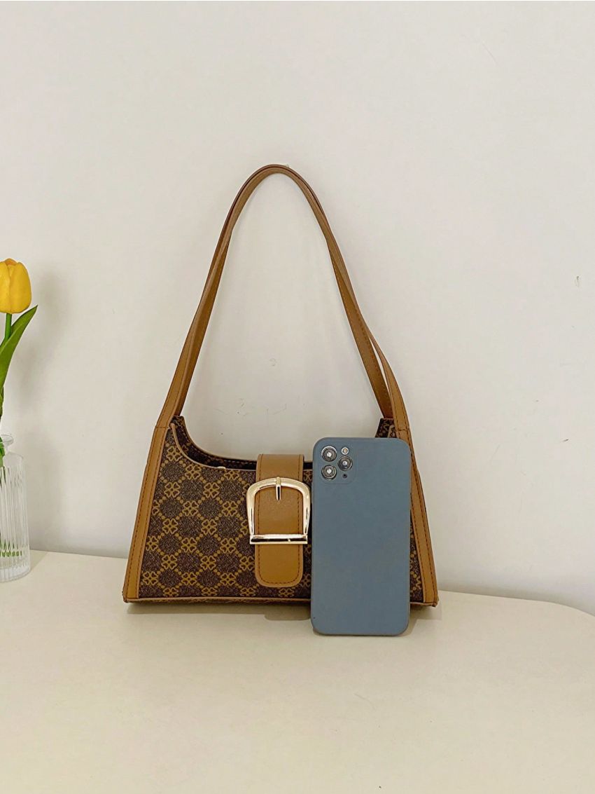 Geometric Pattern Buckle Decor Baguette Bag Medium