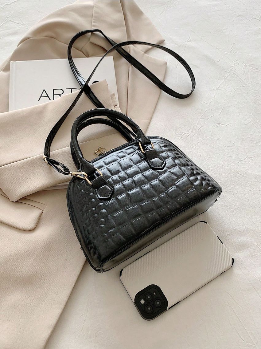 Crocodile Embossed Dome Bag Small Zipper Black