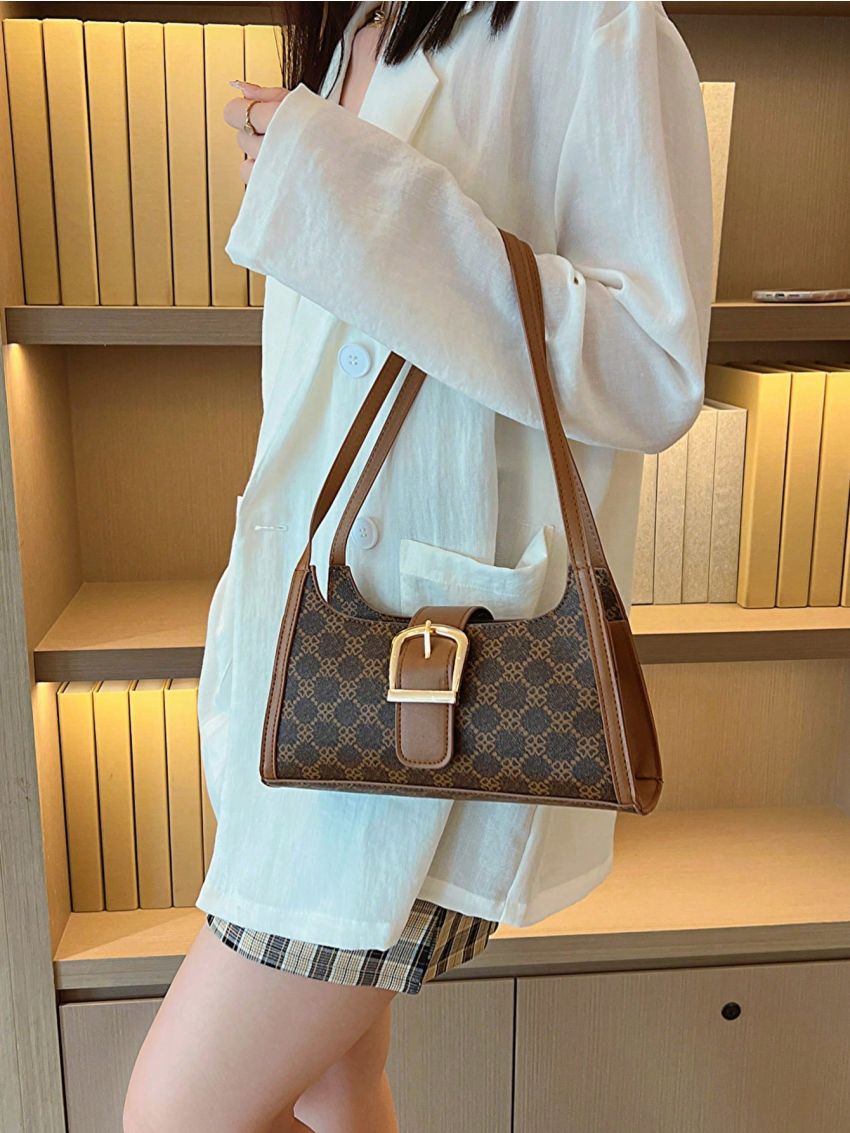 Geometric Pattern Buckle Decor Baguette Bag Medium