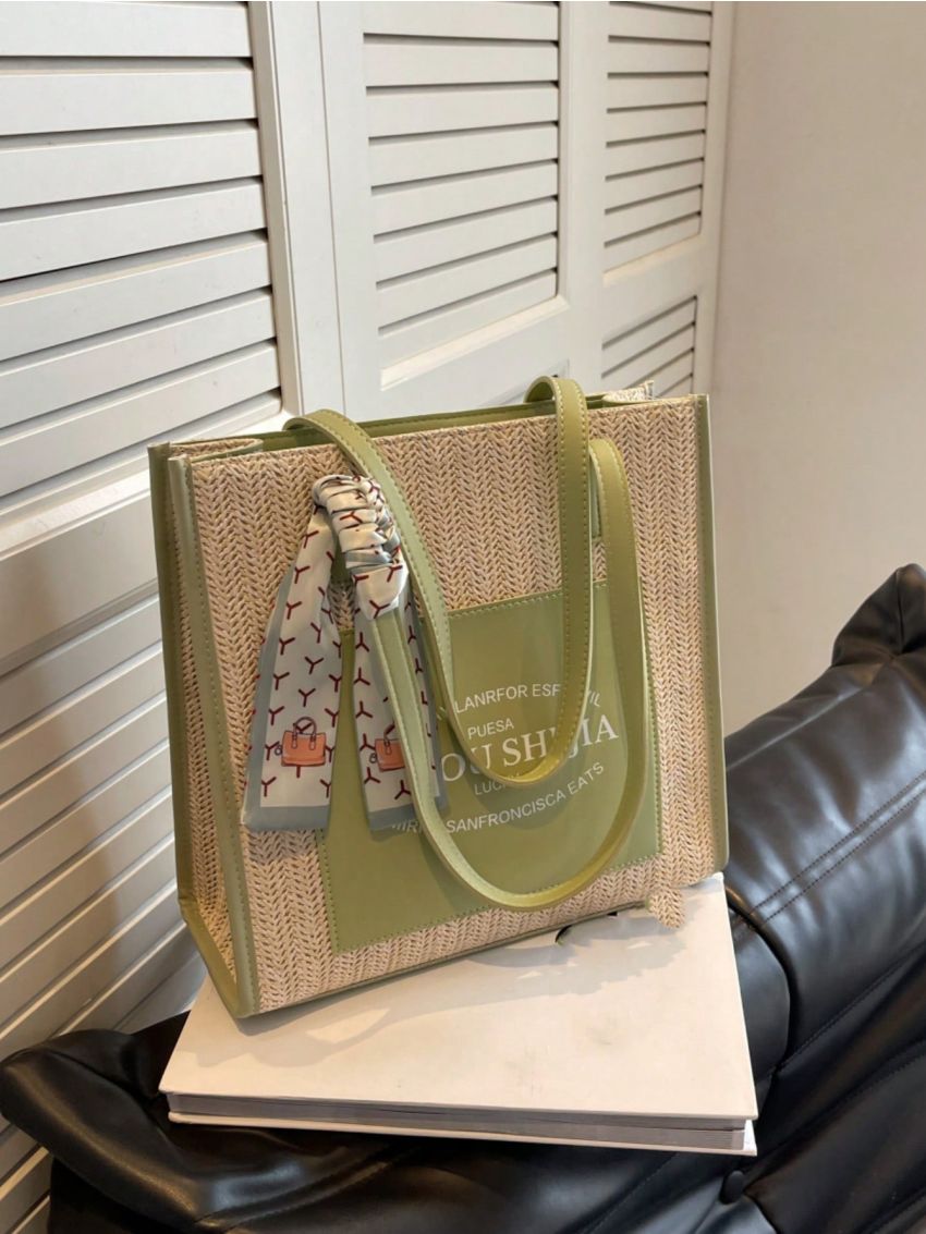 Letter Patch Straw Bag Pink Shoulder Tote Bag Twilly Scarf Decor