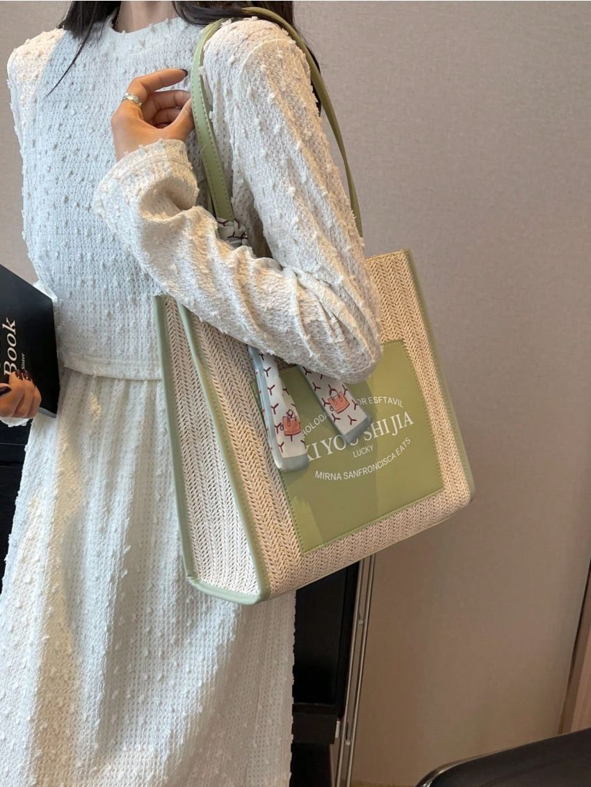 Letter Patch Straw Bag Pink Shoulder Tote Bag Twilly Scarf Decor