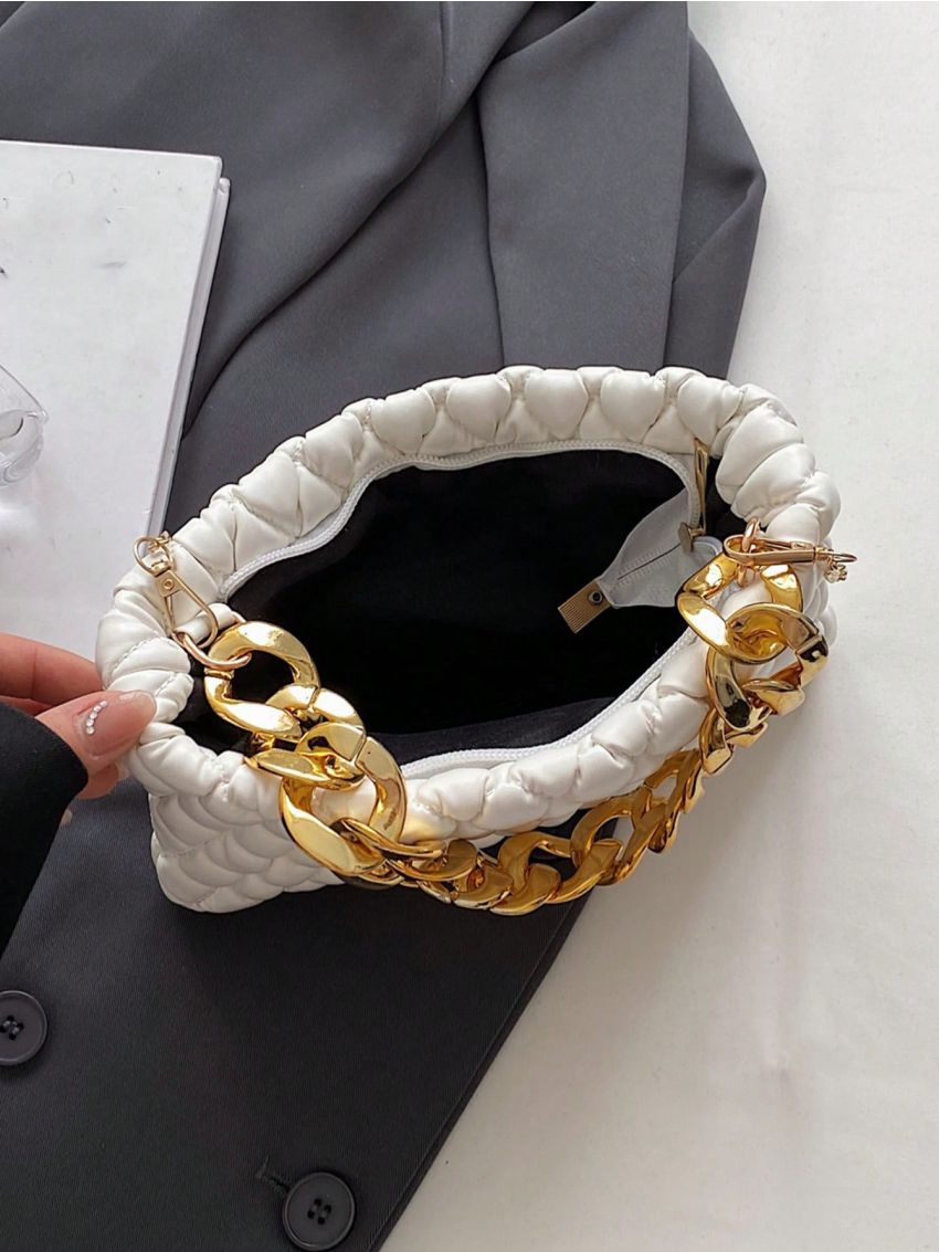 Quilted Chain Square Bag Small Zipper White