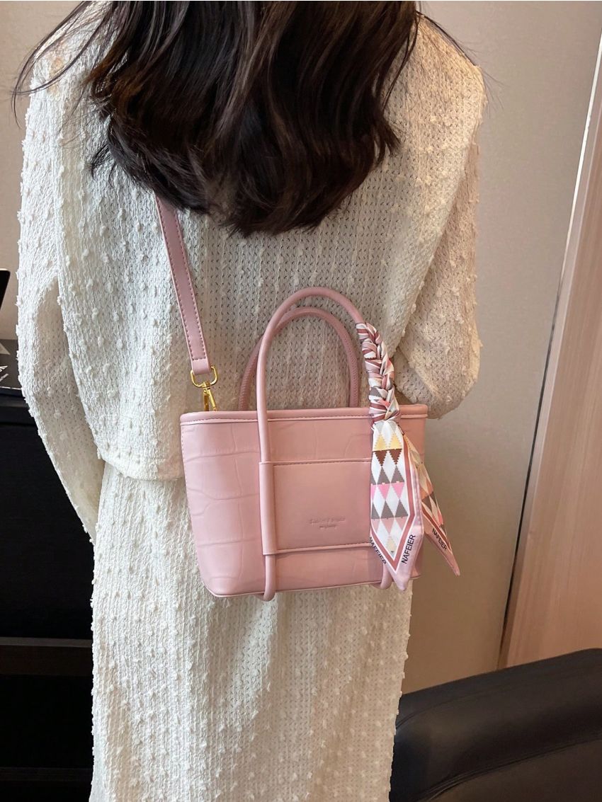 Mini Crocodile Embossed Square Bag Twilly Scarf Decor