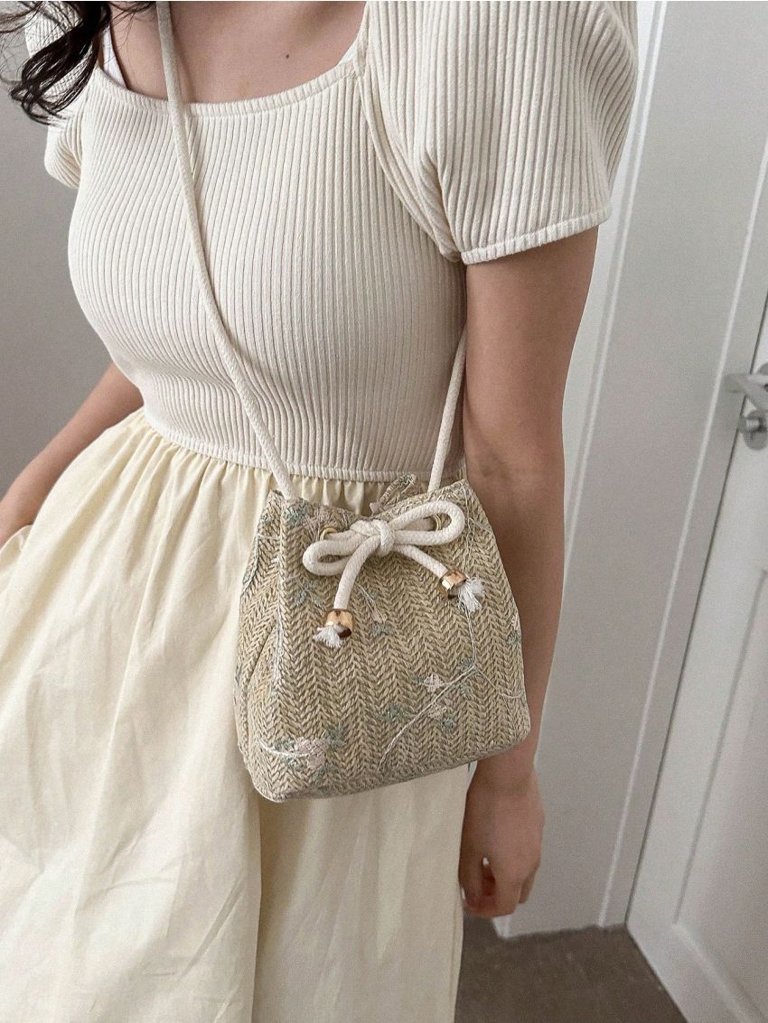 Mini Straw Bag Floral Embroidered Drawstring Detail Vacation