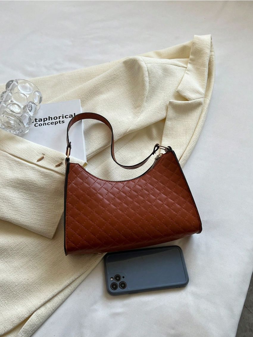 Quilted Detail Baguette Bag Zipper Elegant PU