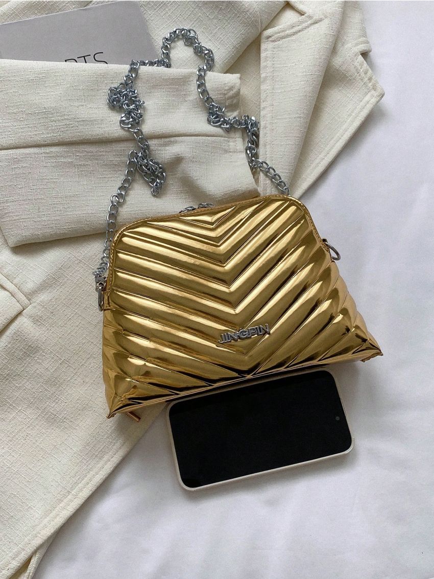 Metallic Dome Bag Chain Zipper Metal Letter Patch Decor Funky PU