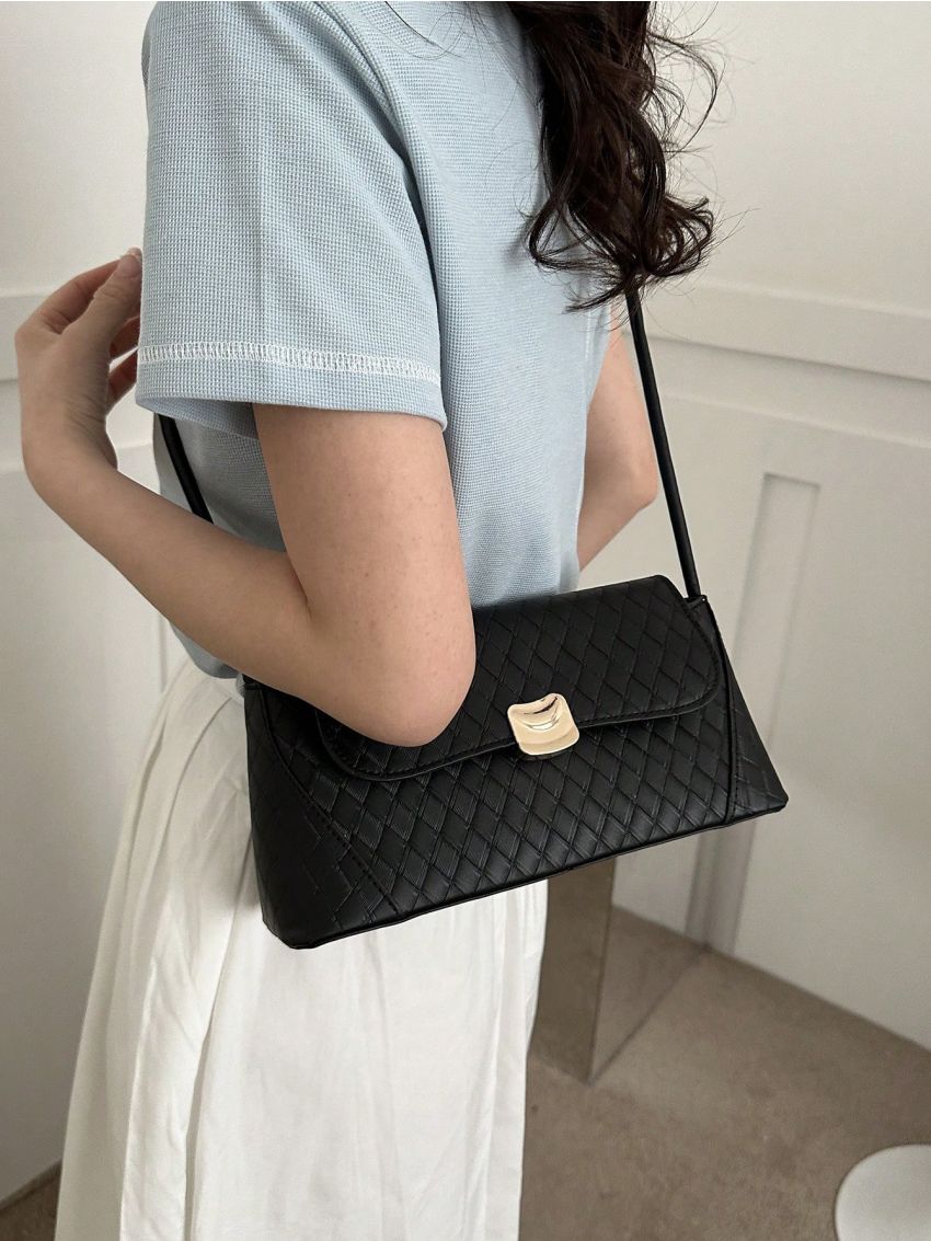 Black Baguette Bag Fashion Metal Decor Geometric Embossed Flap PU