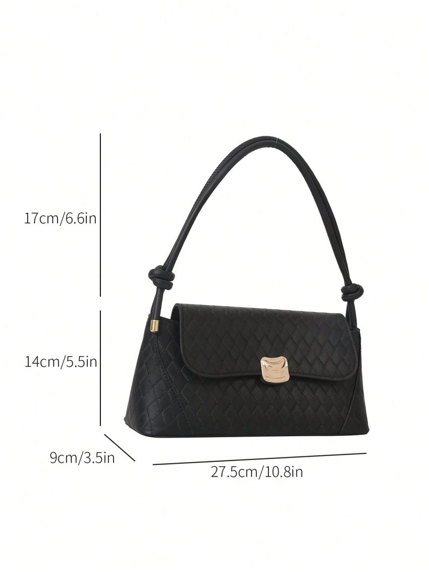 Black Baguette Bag Fashion Metal Decor Geometric Embossed Flap PU