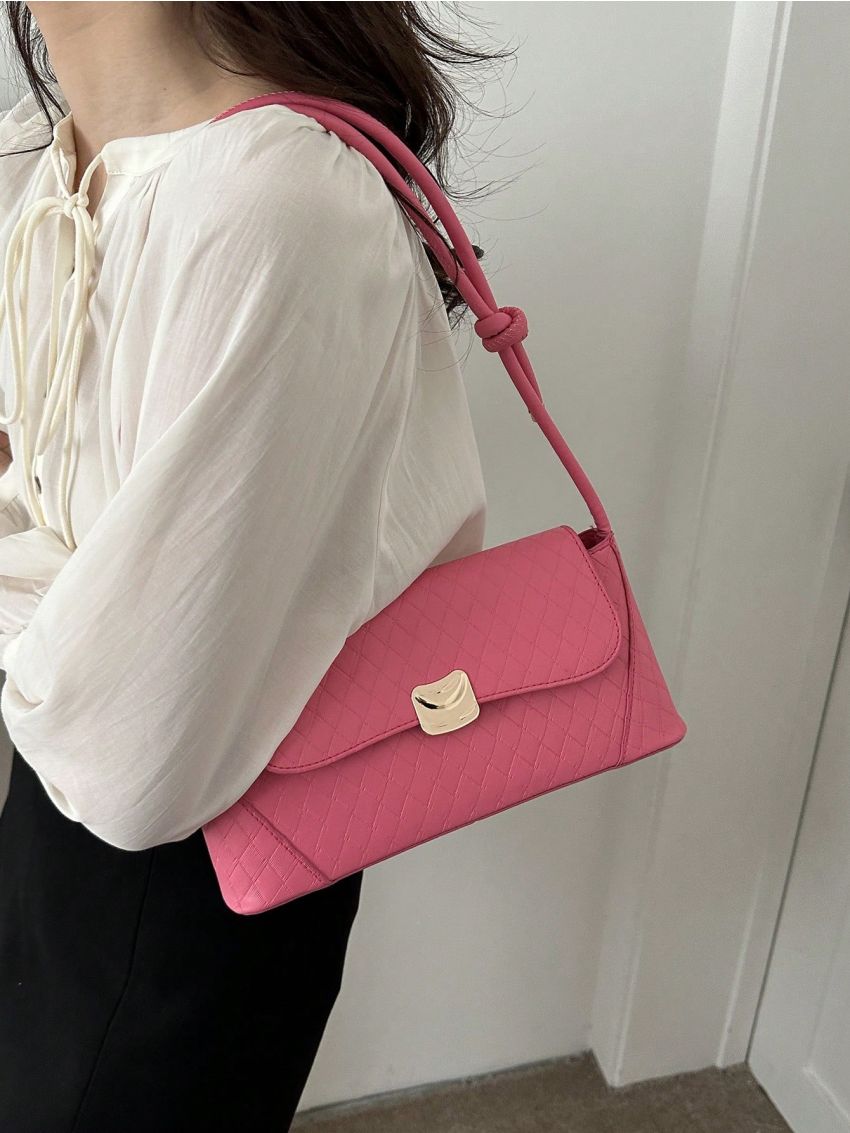 Black Baguette Bag Fashion Metal Decor Geometric Embossed Flap PU