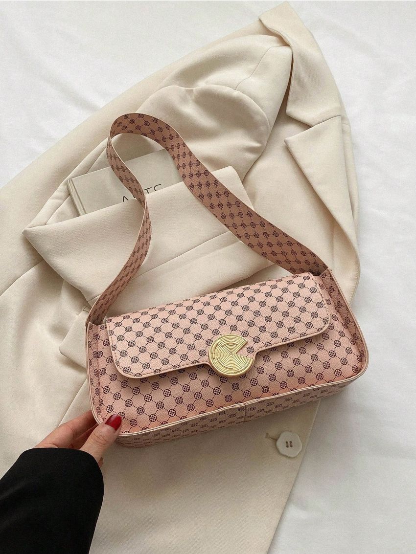 Vintage Square Bag Geometric Pattern Metal Decor Flap PU