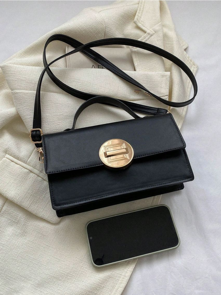 Small Square Bag Fashion Adjustable Strap Metal Decor Flap PU