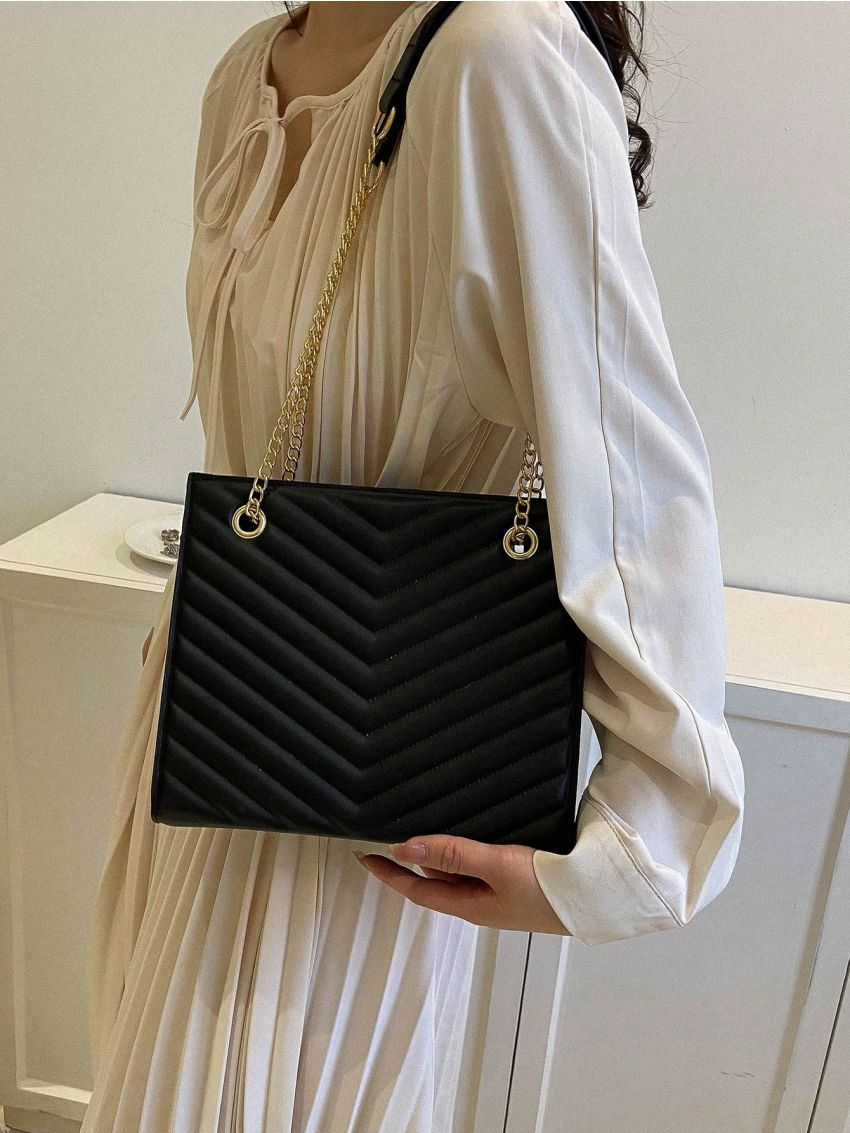 Black Square Bag Chevron Pattern Chain Fashion PU