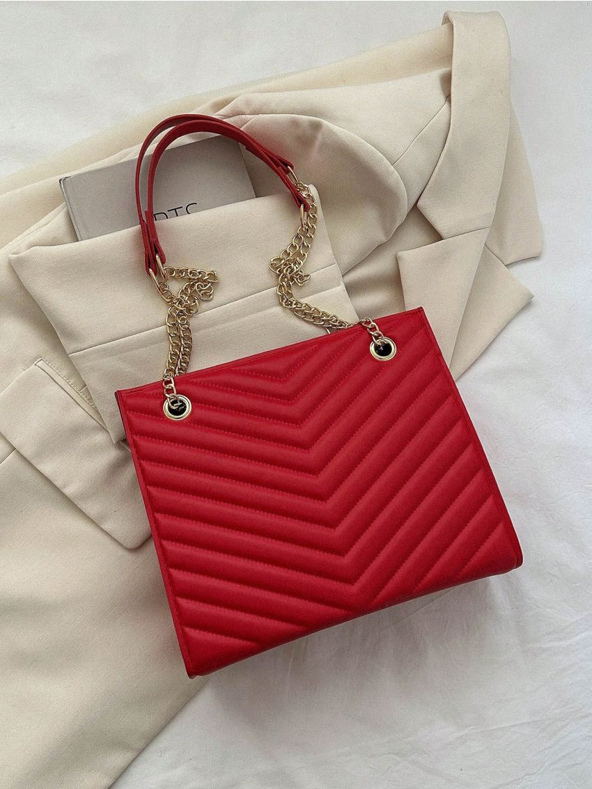 Small Square Bag Chevron Embossed Neon Red Funky Chain PU