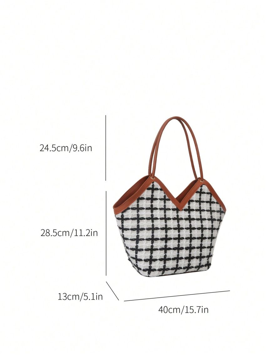 Large Capacity Shoulder Tote Bag Plaid Pattern Zipper Polyester