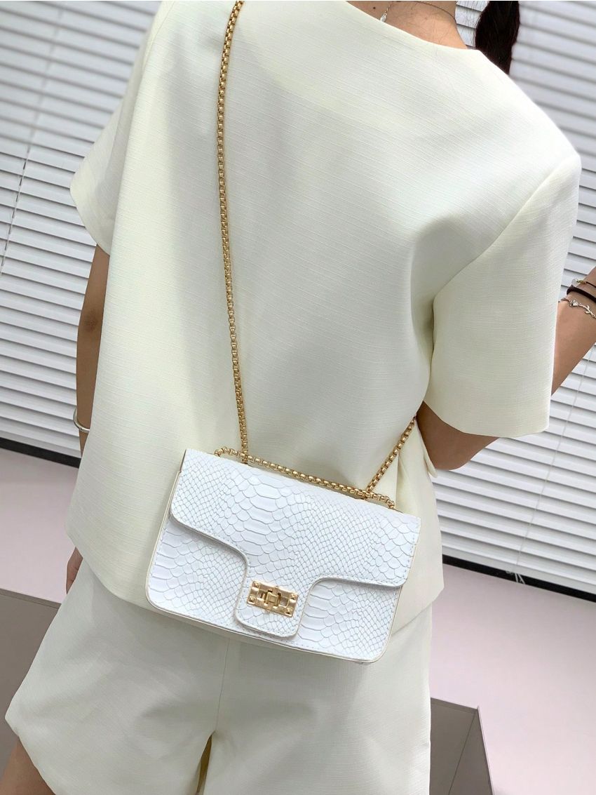 Snakeskin Print Square Bag White Elegant Flap Chain Strap