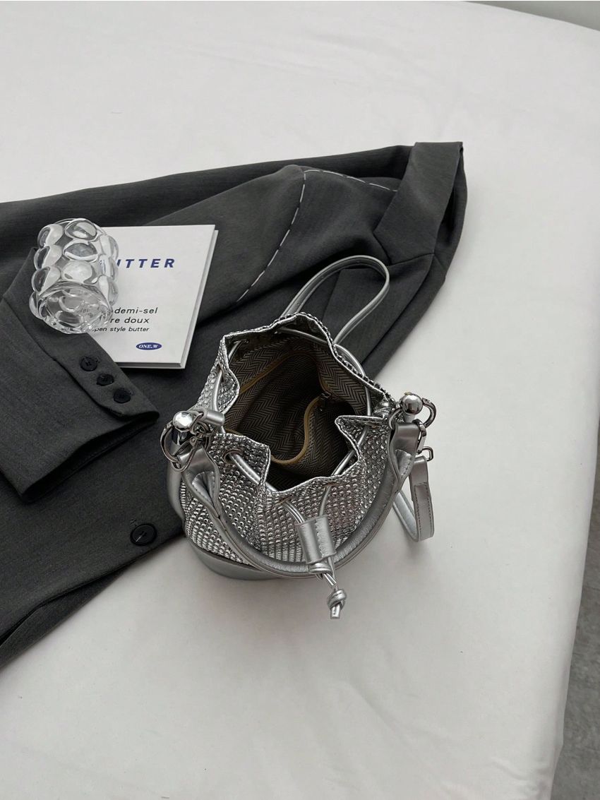 Mini Bucket Bag Silver Rhinestone Decor Drawstring Design Fashionable