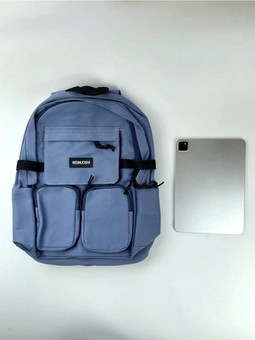 Letter Patch Laptop Backpack Multiple Pocket Blue Preppy Adjustable Strap