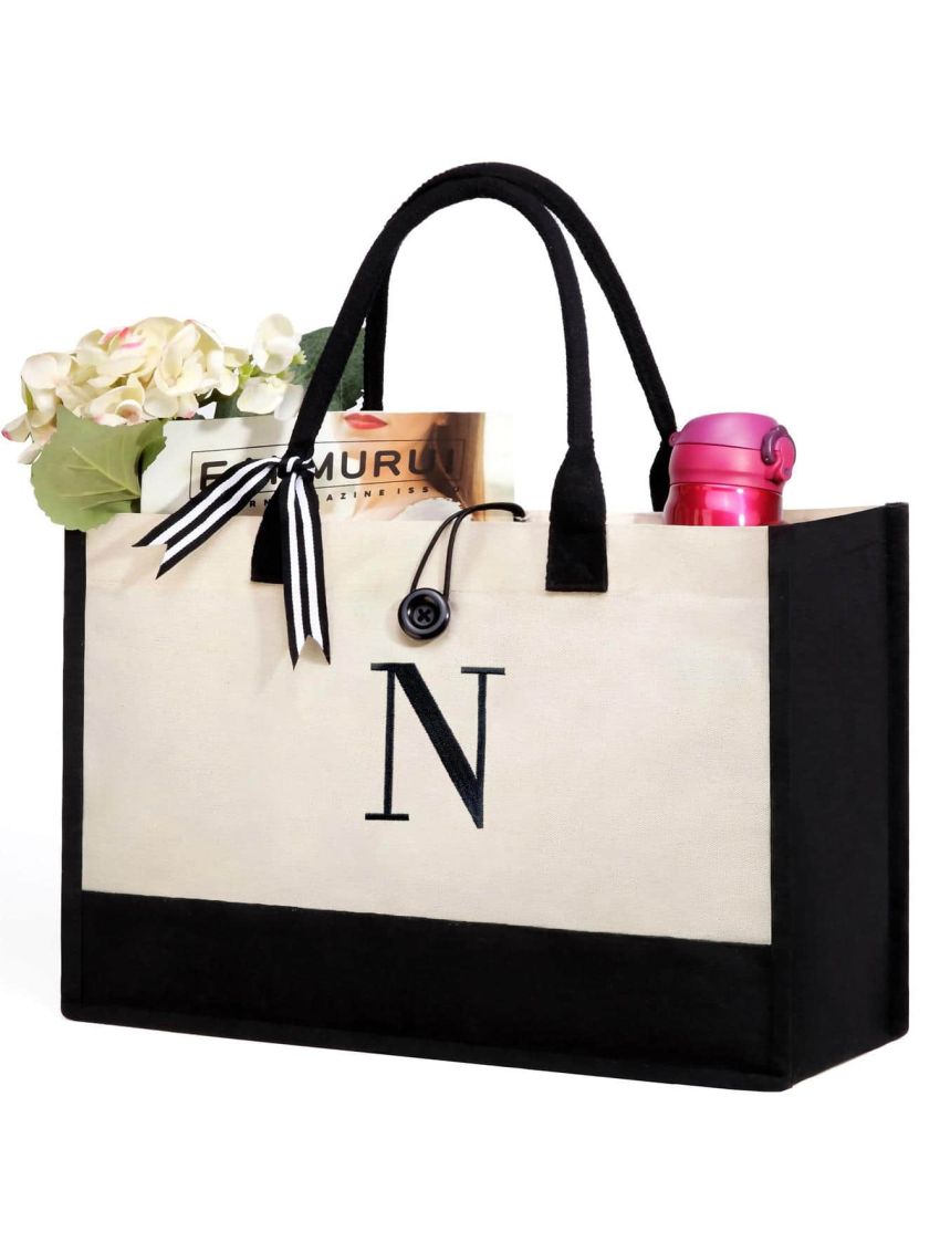 BeeGreen Initial Canvas Tote Bag Personalized Gifts Embroidery Monogram 13oz Canvas Teacher Appreciation Gifts with Pocket Bridal Shower Gift Large Beach Bags Birthday Gifts for Women Unique N