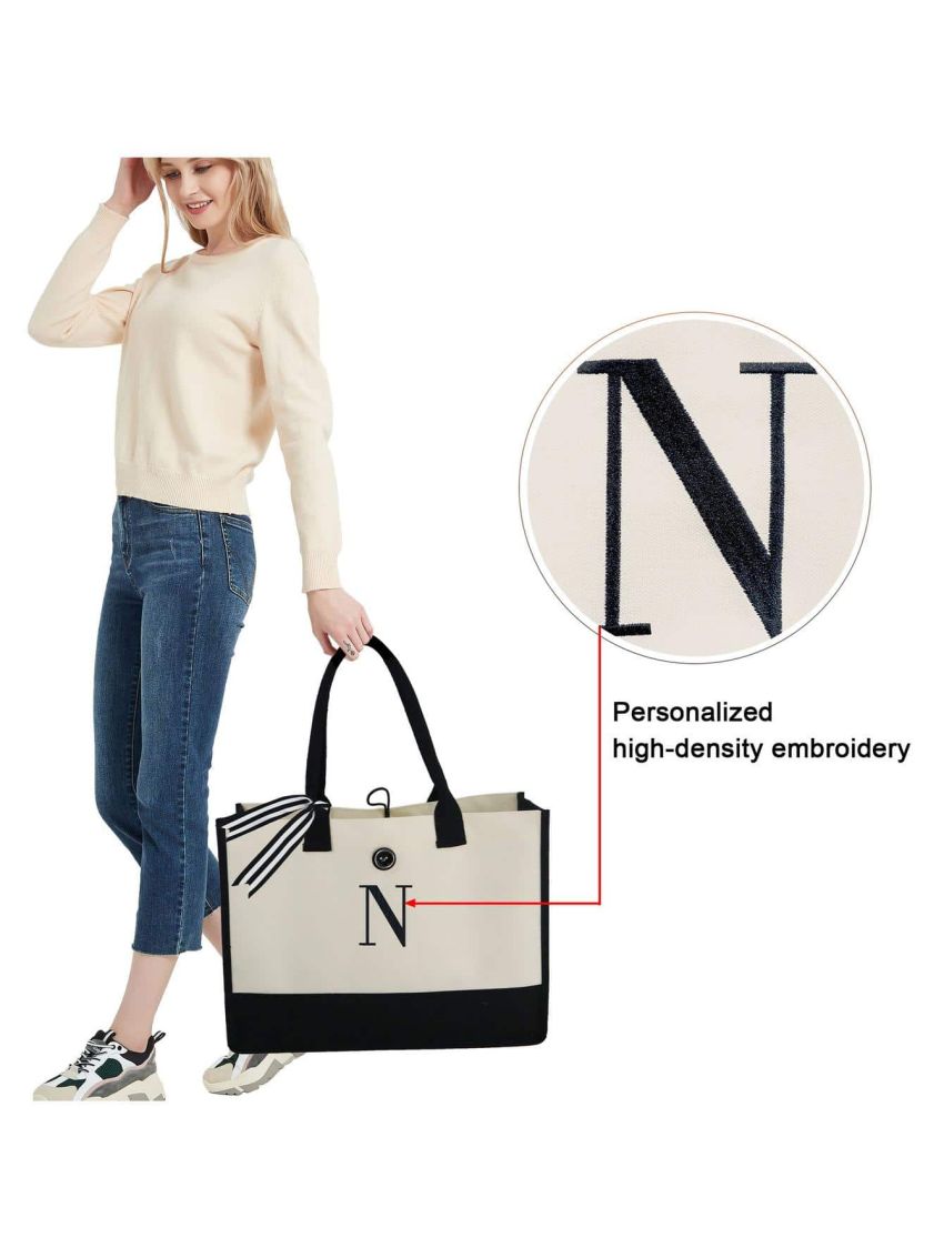 BeeGreen Initial Canvas Tote Bag Personalized Gifts Embroidery Monogram 13oz Canvas Teacher Appreciation Gifts with Pocket Bridal Shower Gift Large Beach Bags Birthday Gifts for Women Unique N